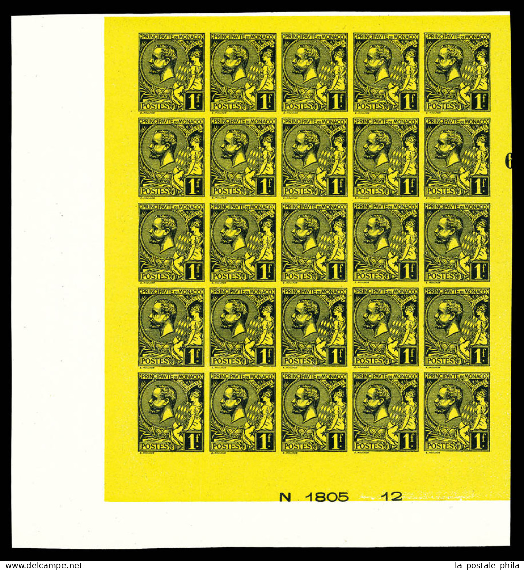 (*) N°20b, Albert 1er, 1f Noir Sur Jaune Non Dentelé (toujours Sans Gomme) En Panneau De 25 Exemplaires, Bas De Feuille  - Unused Stamps