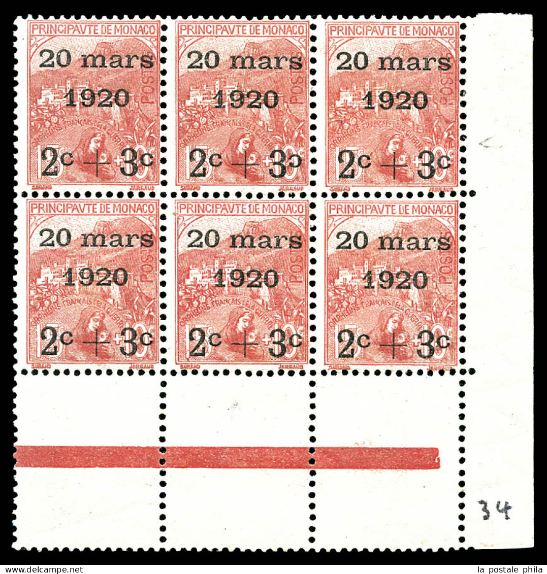** N°34b, 2c +3c Sur 15c +10c Orphelins: Deuxième 'C' Renversé Tenant à Normaux En Bloc De 6 Exemplaires Coin De Feuille - Unused Stamps