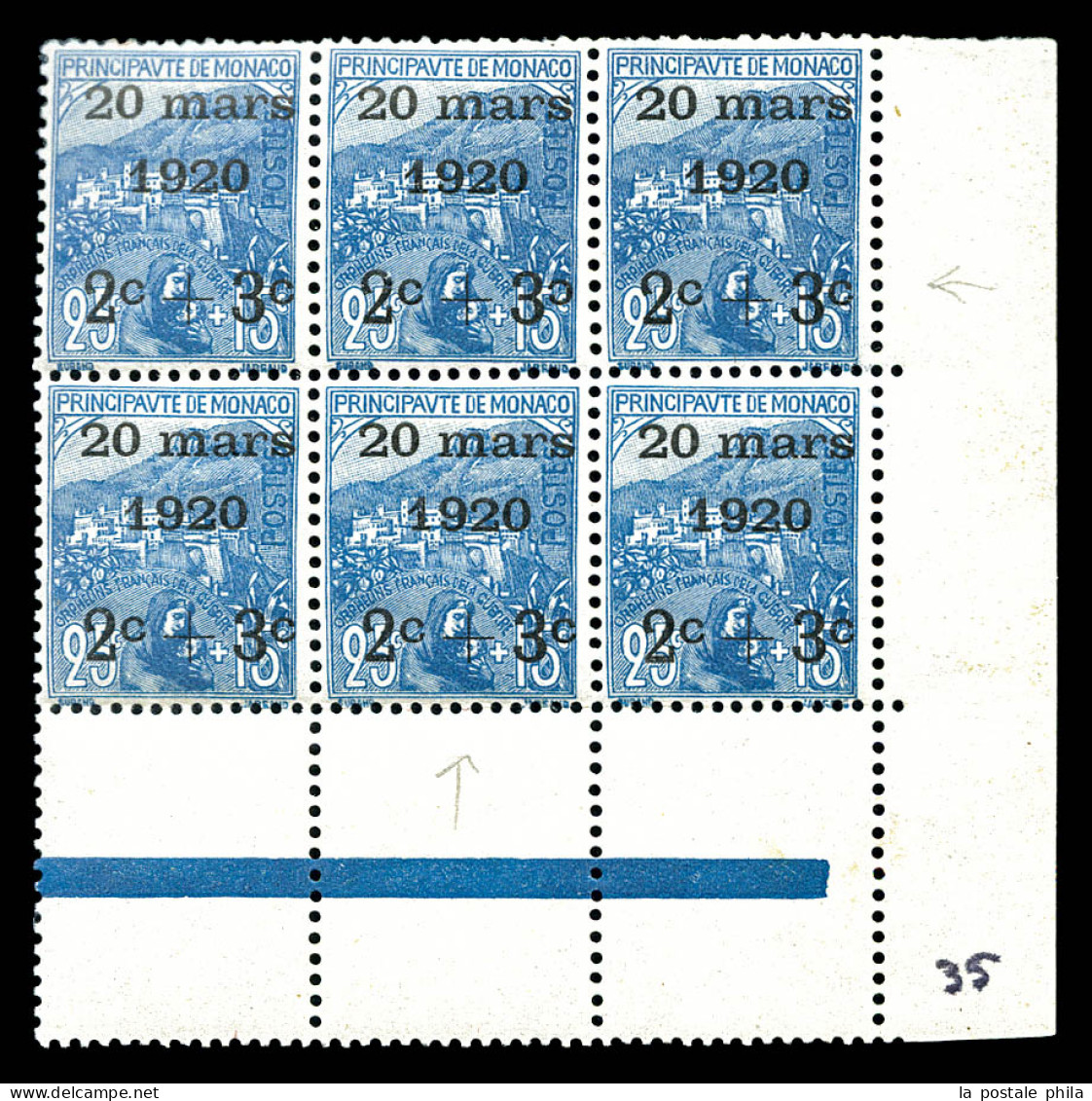 ** N°35b, 2c +3c Sur 25c +15c Orphelins: Deuxième 'C' Renversé Tenant à Normaux En Bloc De 6 Exemplaires Coin De Feuille - Unused Stamps