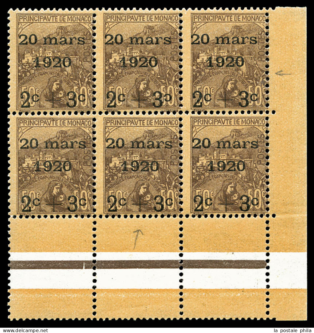** N°36b, 2c +3c Sur 50c +50c Orphelins: Deuxième 'C' Renversé Tenant à Normaux En Bloc De 6 Exemplaires Coin De Feuille - Unused Stamps
