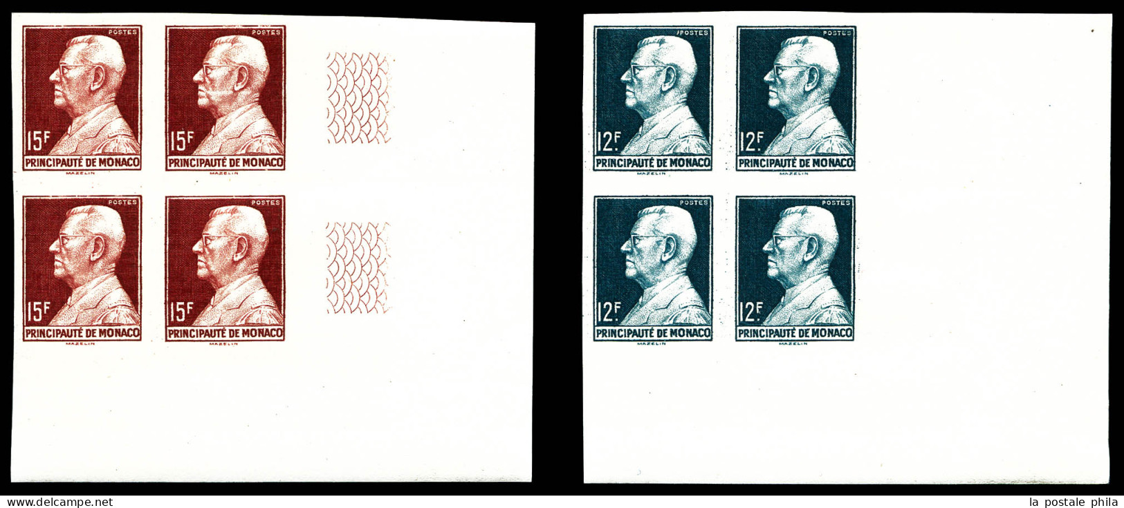 ** N°302/306, Prince Louis II, La Série Non Dentelée En Blocs De 4 Cdf. TB  Qualité: **  Cote: 360 Euros - Unused Stamps