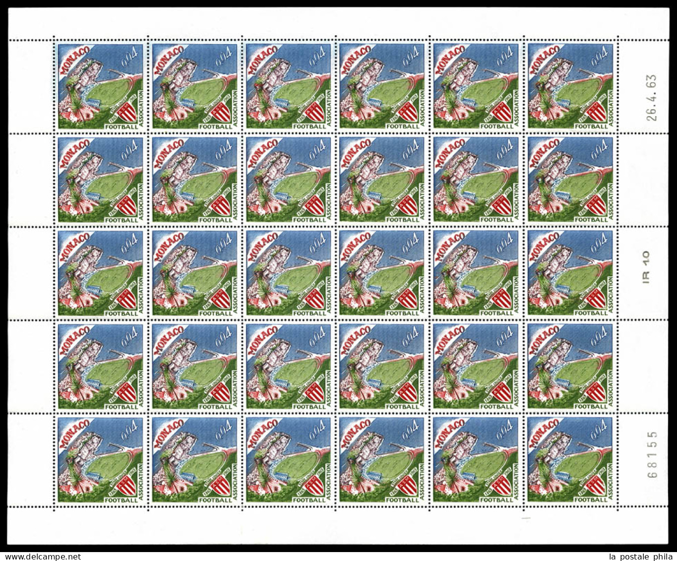 ** N°623A, Non émis, Stade Louis II Sans Surcharge: Feuille Complète De 30 Exemplaires. SUPERBE. R.R. (certificat)  Qual - Unused Stamps