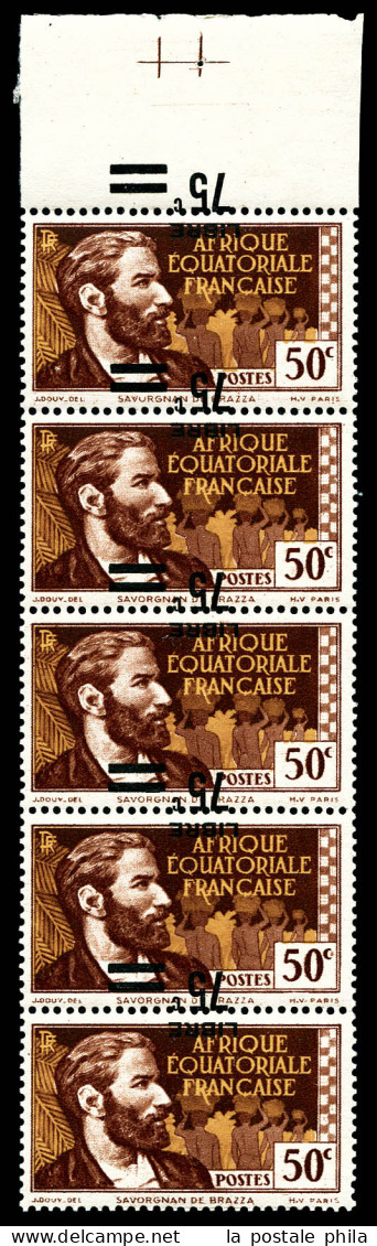 ** N°139, France-Libre. Surcharge Renversée Et à Cheval En Bande Verticale De 5 Exemplaires Cdf Dont Un Timbre Sans Surc - Unused Stamps