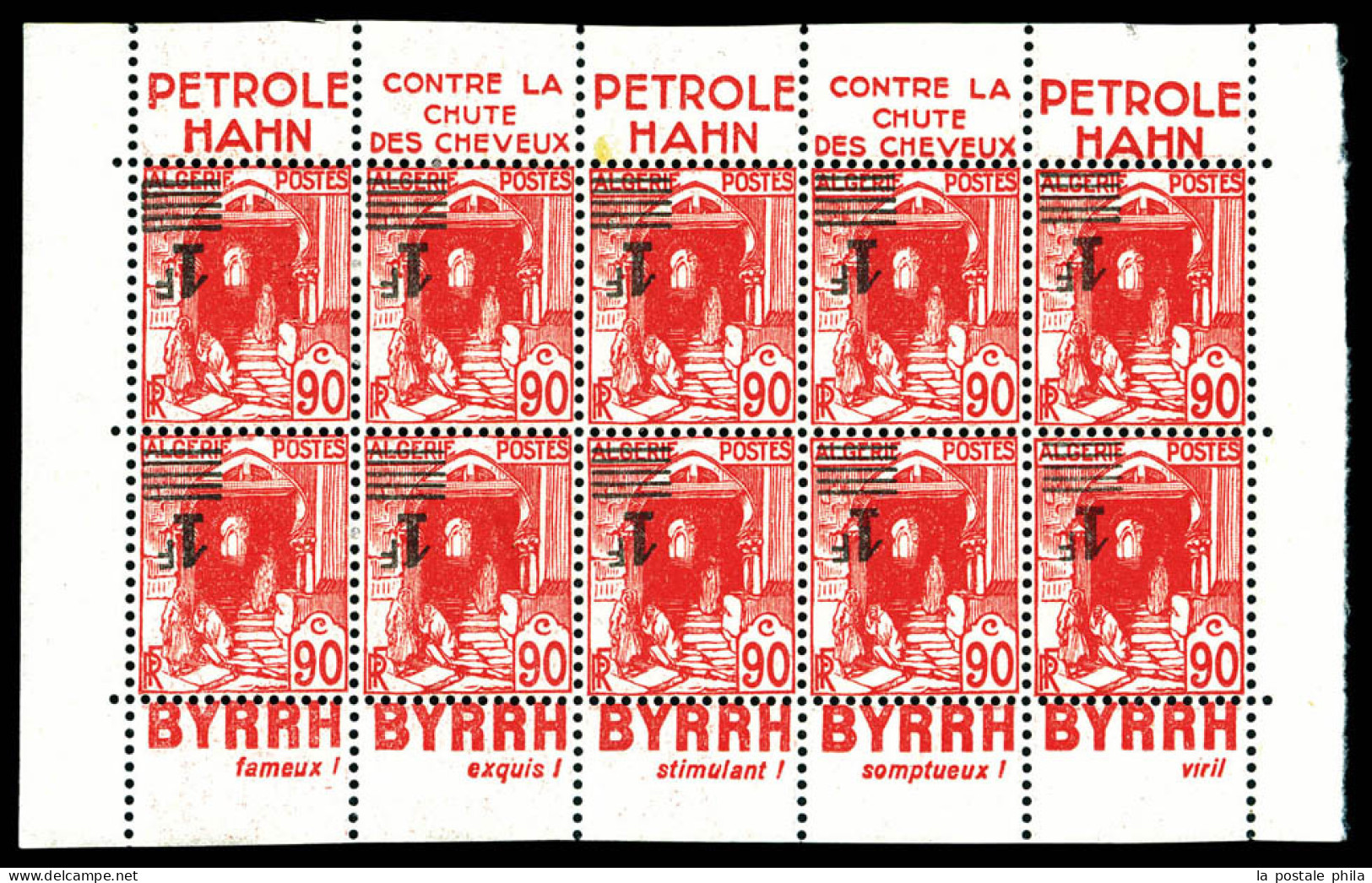 ** N°158Aab, 1F Sur 90c Rouge: Surcharge Renversée Sur Feuillet De 10 Timbres Avec PUB. SUPERBE. R. (certificat)  Qualit - Unused Stamps