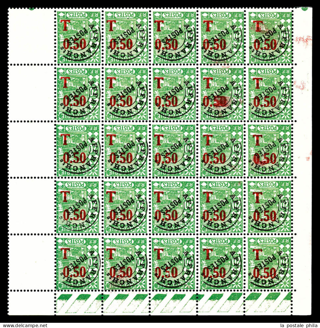 ** Taxe N°28a, 0.50 Sur 20c Vert-jaune, Surcharge Renversée Sur Panneau De 25 Exemplaires. SUP (certificat)  Qualité: ** - Timbres-taxe