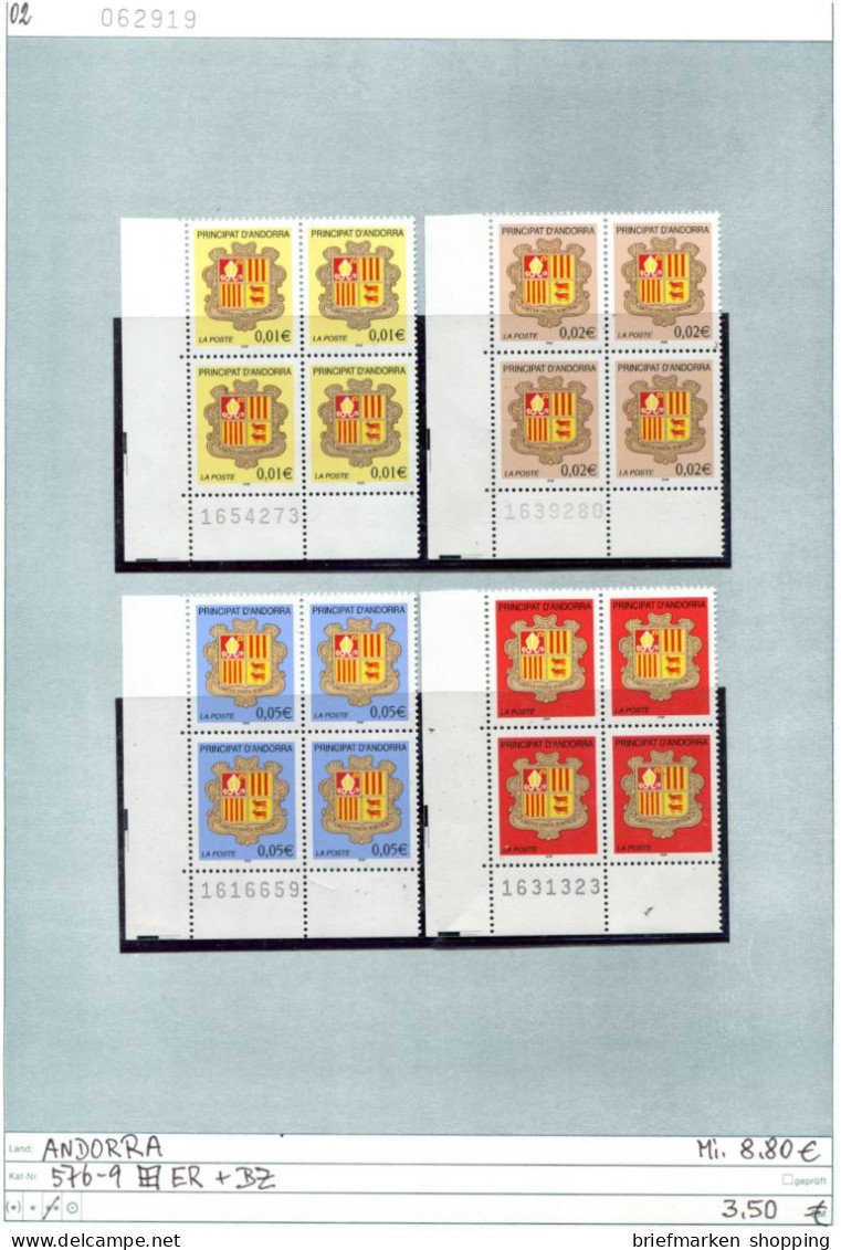 Andorra 2002 - Andorre Francaise 2002 - Michel  576-579 Eckrand-Viererblock + BZ / Bloc De 4 - ** Mnh Neuf Postfris - Nuovi