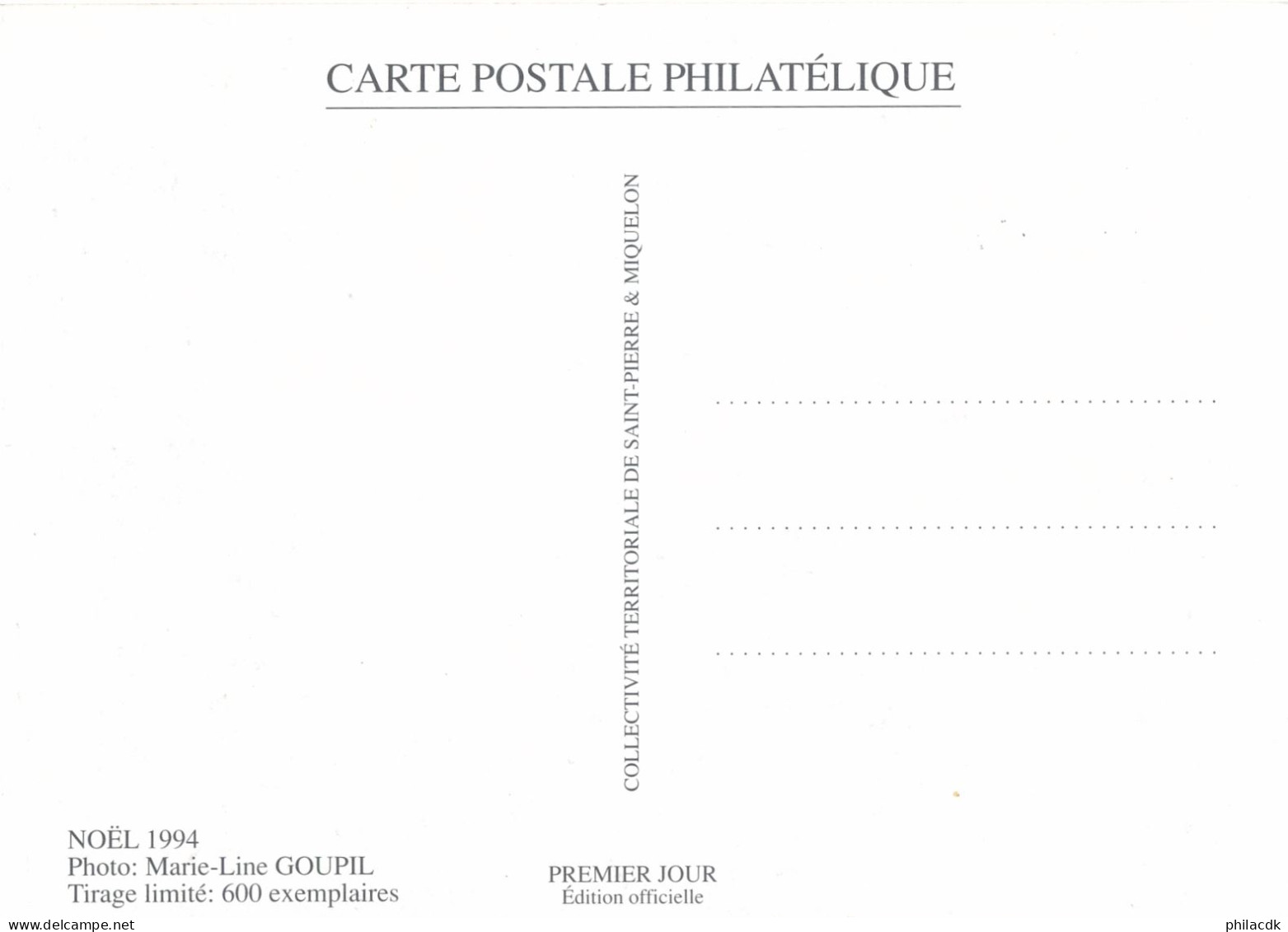 SAINT PIERRE ET MIQUELON - CARTE MAXIMUM NOEL OBLITEREE DU 23 NOVEMBRE 1994 - Cartoline Maximum