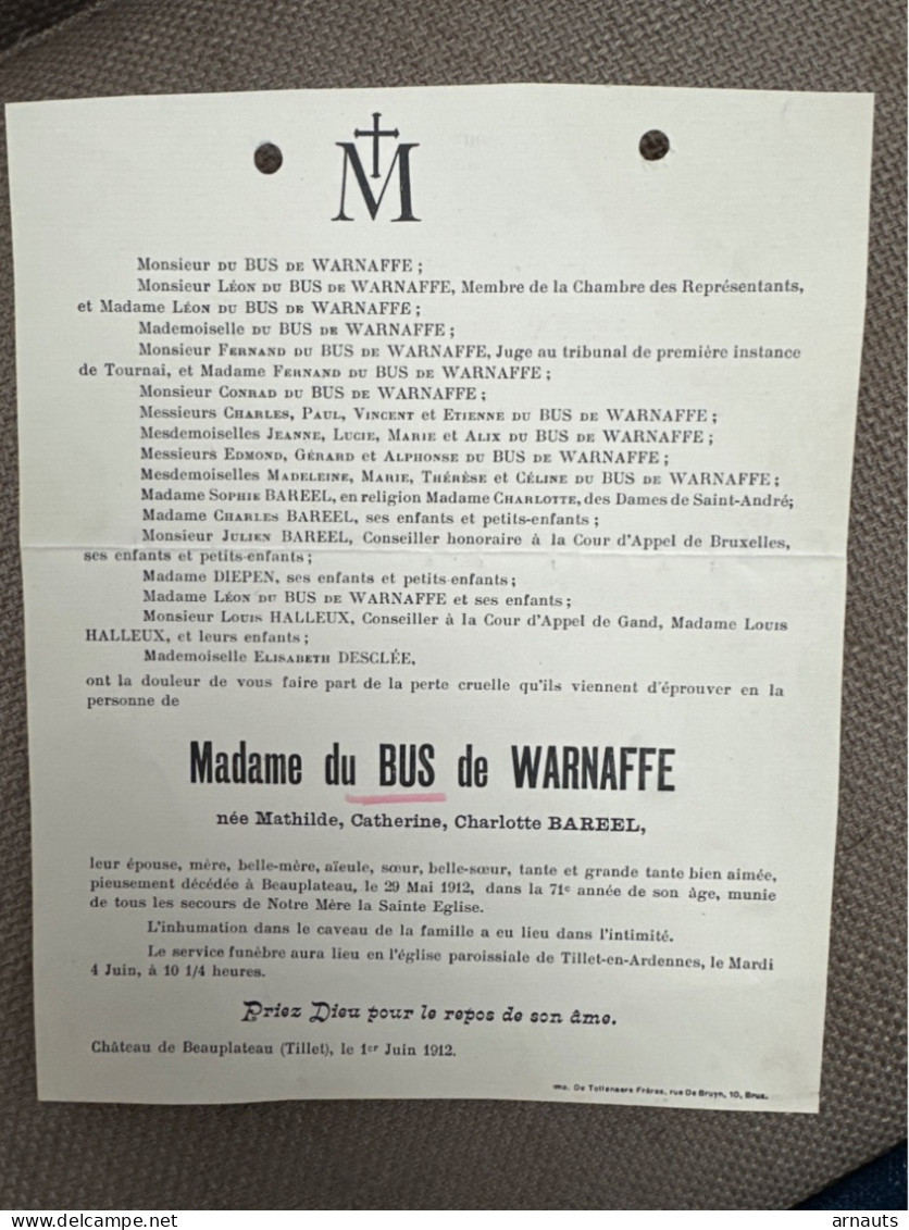 Madame Du Bus De Warnaffe Nee Bareel Mathilde *1841+1912 Beauplateau Tillet En Ardennes Imp Bruxelles Halleux Diepen - Obituary Notices