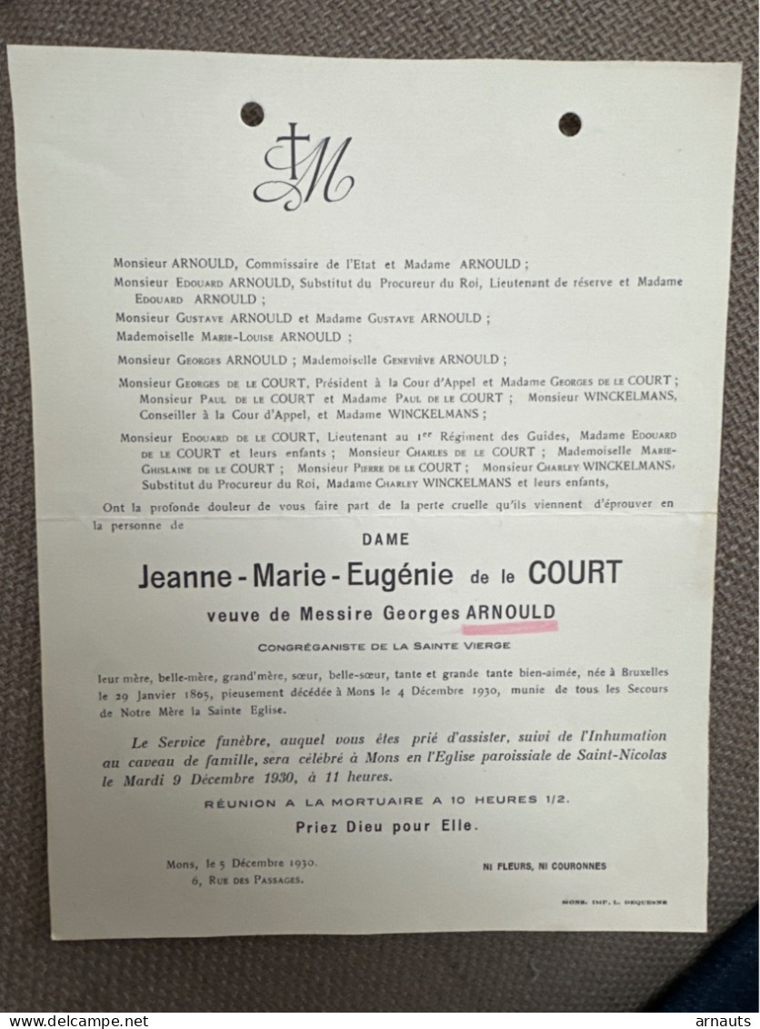 Dame Jeanne De Le Court Veuve Georges Arnould *1865 Bruxelles +1930 Mons Winckelmans Congreganiste De La Sainte Vierge - Avvisi Di Necrologio