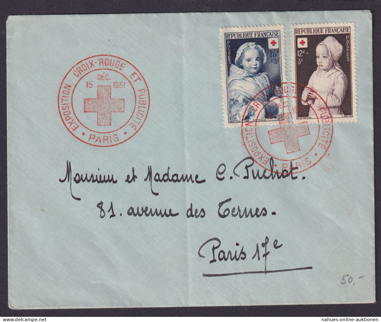 Frankreich Brief MIF Rotes Kreuz Ausstellung Paris 1951 Der Umschalg Wurde - Cartas & Documentos
