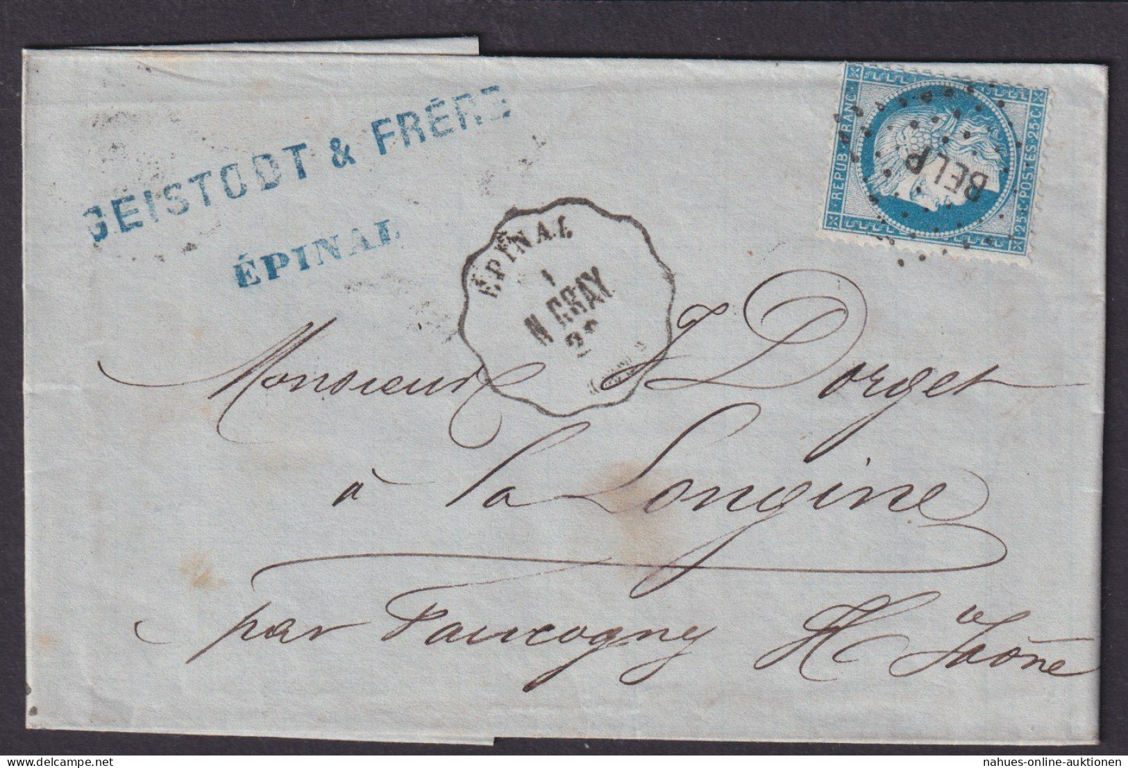 Bahnpost Frankreich Brief EF 25 C. Epinal Via Gare De Vesoul Nach Faucogney - Storia Postale