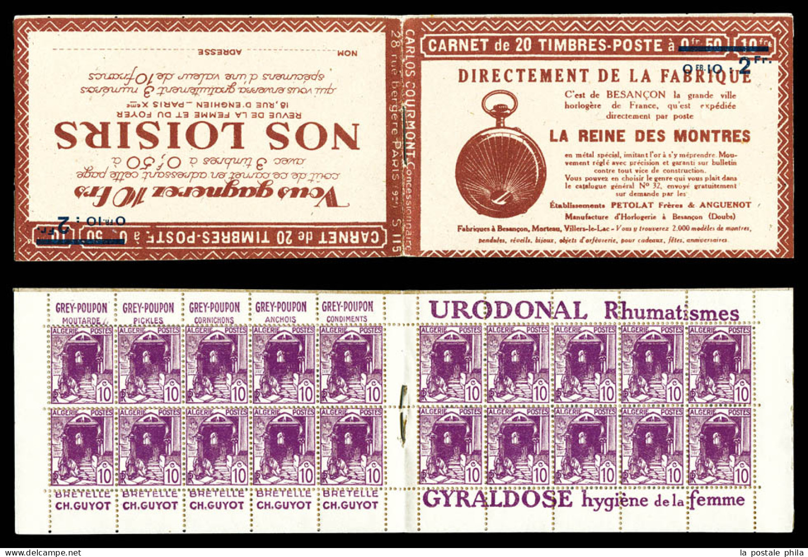 ** Carnets N°38-C1a, Série 115 Surchargée Avec 'E' De Poste Obstrué, NOS LOISIRS Et REINE DES MONTRES. SUP (certificat)  - Unused Stamps