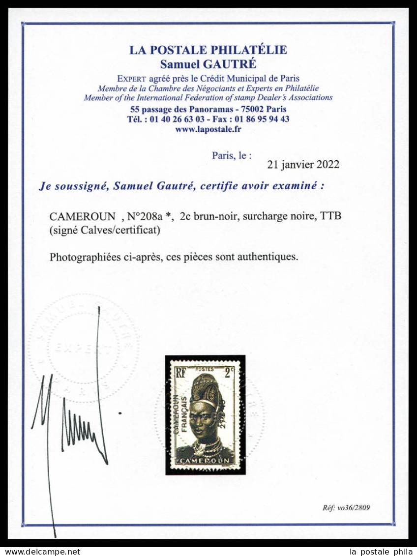 * N°208a, 2c Brun-noir, Surcharge Noire, TTB (signé Calves/certificat)  Qualité: *  Cote: 2000 Euros - Unused Stamps