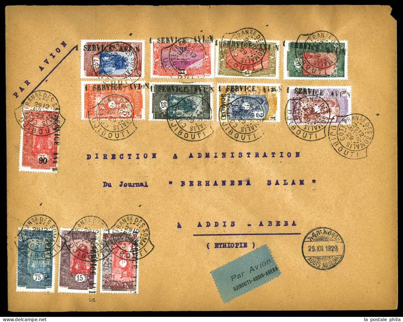 O N°82 à 131, 12 Valeurs Avec Griffe 'SERVICE AVION' Sur Lettre Du Consulat D'Ethiopie De Djibouti 29 Dec 1929 Pour ADDI - Storia Postale