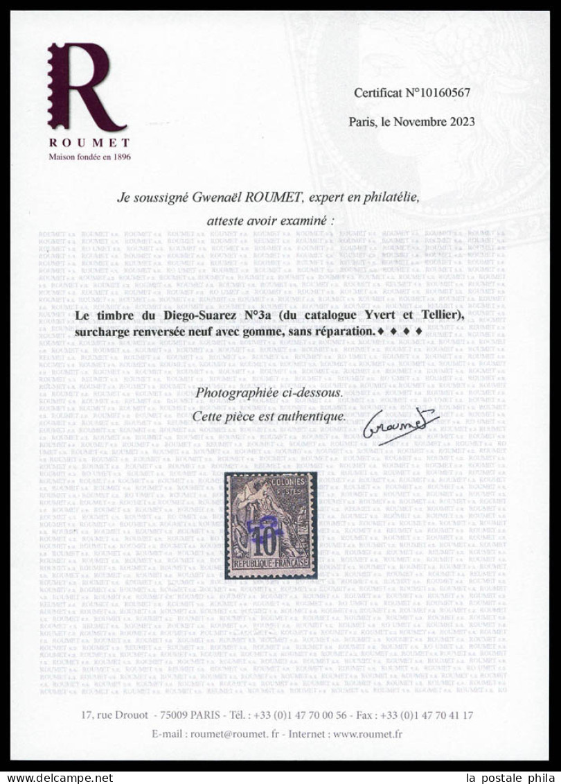 * N°3a, 15 Sur 10c Noir Et Lilas: Surcharge Renversée. SUP. R. (signé Brun/certificats)  Qualité: *  Cote: 1500 Euros - Unused Stamps