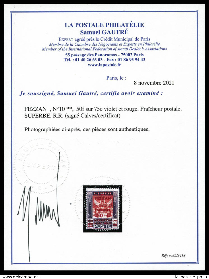 ** N°10, 50f Sur 75c Violet Et Rouge, Tirage 79 Exemplaires. Fraîcheur Postale. SUPERBE. R.R. (signé Calves/certificat)  - Ungebraucht