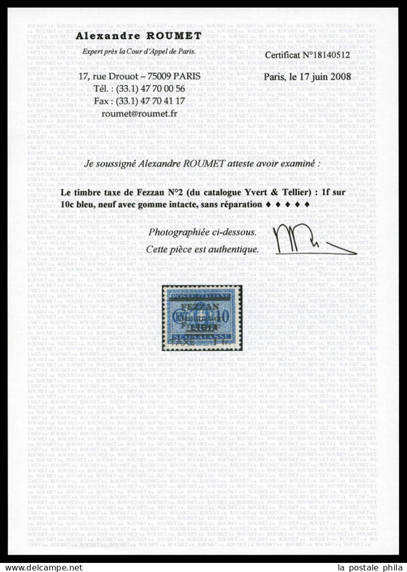 ** Taxe N°2, 1f Sur 10c Bleu, Frais. SUP. R. (signé Brun/Scheller/certificats)  Qualité: **  Cote: 3000 Euros - Nuovi