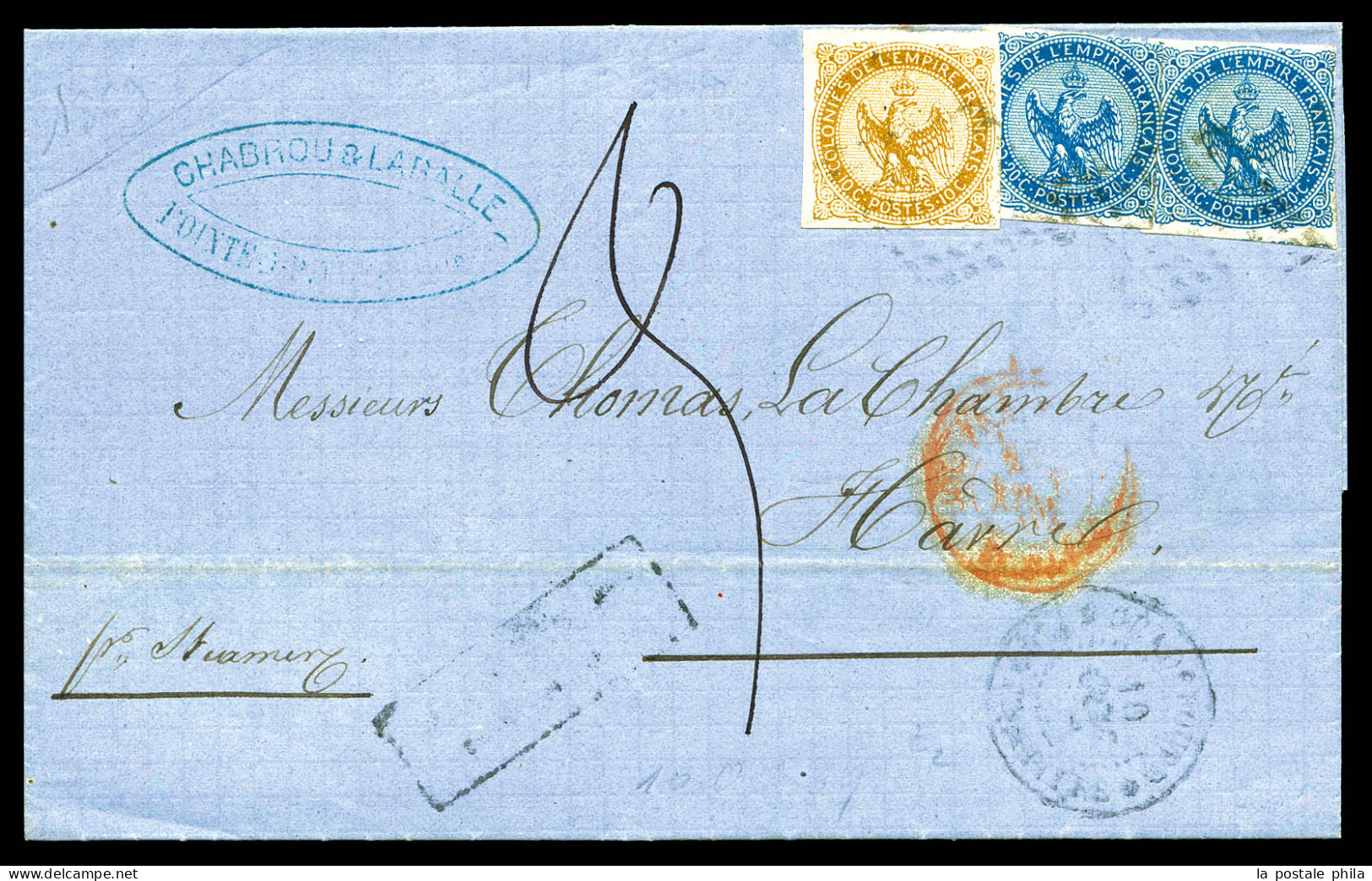 O Aigle 10c Bistre + Paire 20c Bleu Sur Lettre Du 10 Octobre 1869 De Pointe à Pitre Pour Le Havre. TB  Qualité: Oblitéré - Cartas & Documentos