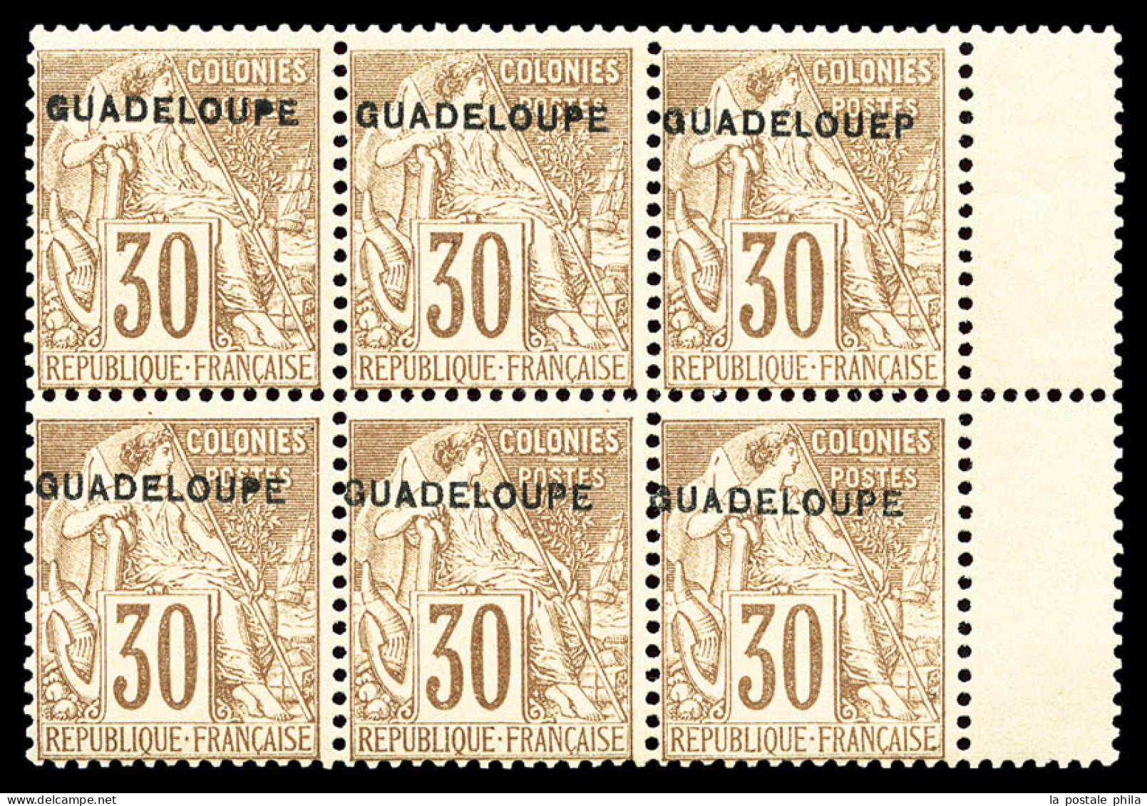 ** N°22da, 30c Brun Variété 'GUADELOUEP' Tenant à Normaux Dans Un Bloc De 6, Fraîcheur Postale, SUPERBE (certificat)  Qu - Ungebraucht