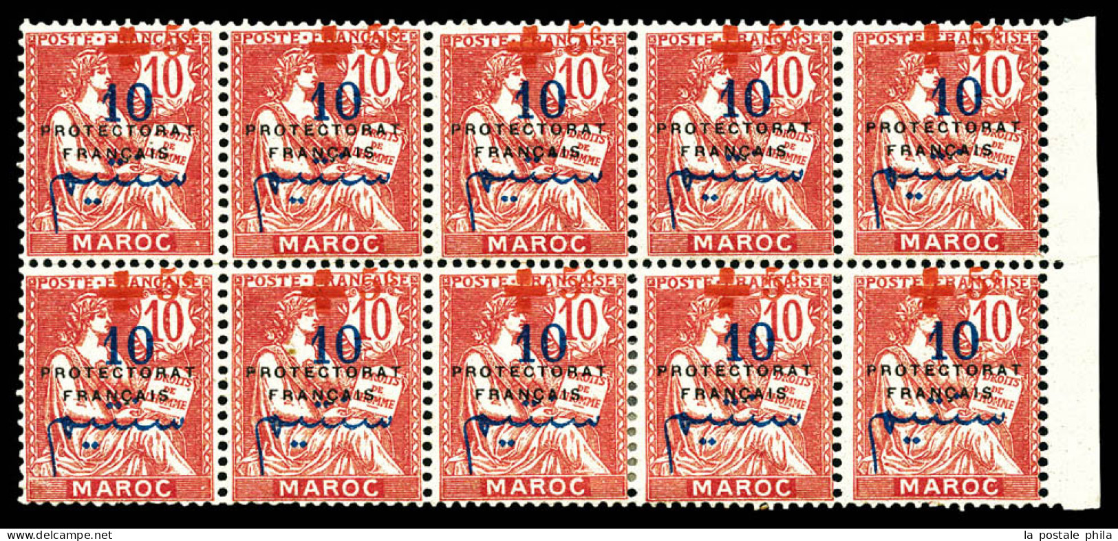 * N°57, +5c Sur 10c Rose Avec Surcharge Vermillon Déplacée En Haut Des Timbres. Bloc De 10 Bord De Feuille. SUP. R. (cer - Unused Stamps