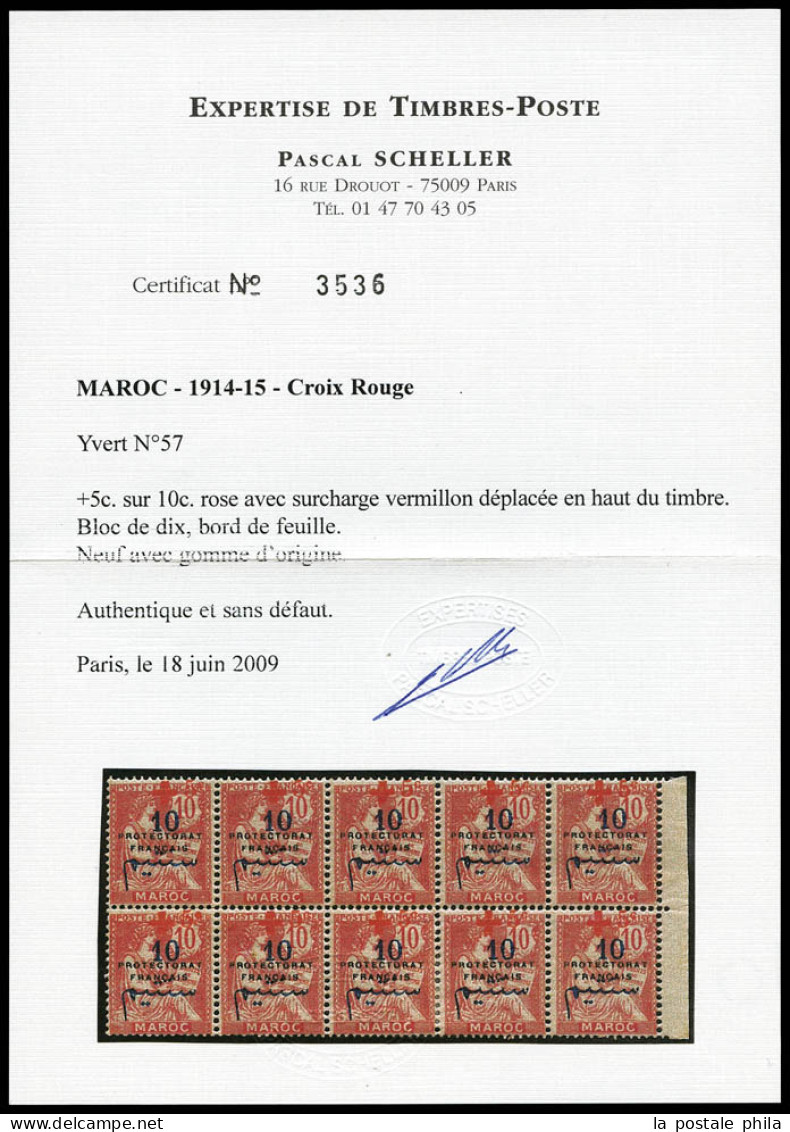 * N°57, +5c Sur 10c Rose Avec Surcharge Vermillon Déplacée En Haut Des Timbres. Bloc De 10 Bord De Feuille. SUP. R. (cer - Unused Stamps