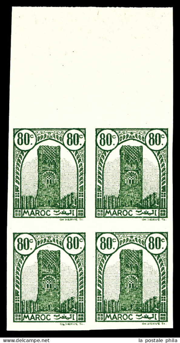 ** N°210b, Tour Hassan, 80c Vert-gris Non Dentelé, Impression Recto-verso En Bloc De Quatre Bdf. TTB (certificat)  Quali - Unused Stamps