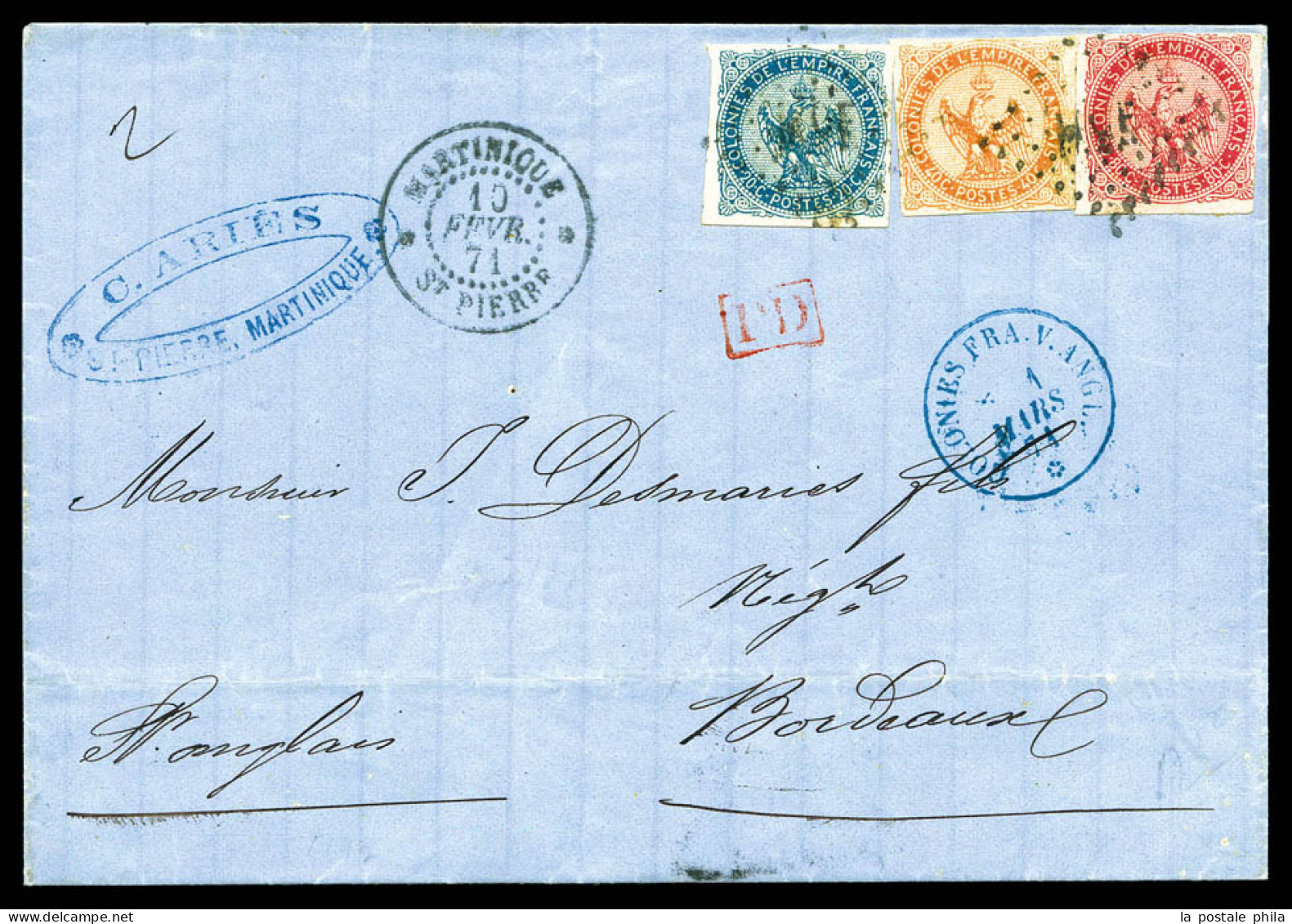 O Affranchissement Tricolore Double Port (Aigle N°4, 5 Et 6), Tarif Martinique-France Par Voie Anglaise Sur Lettre De ST - Lettres & Documents