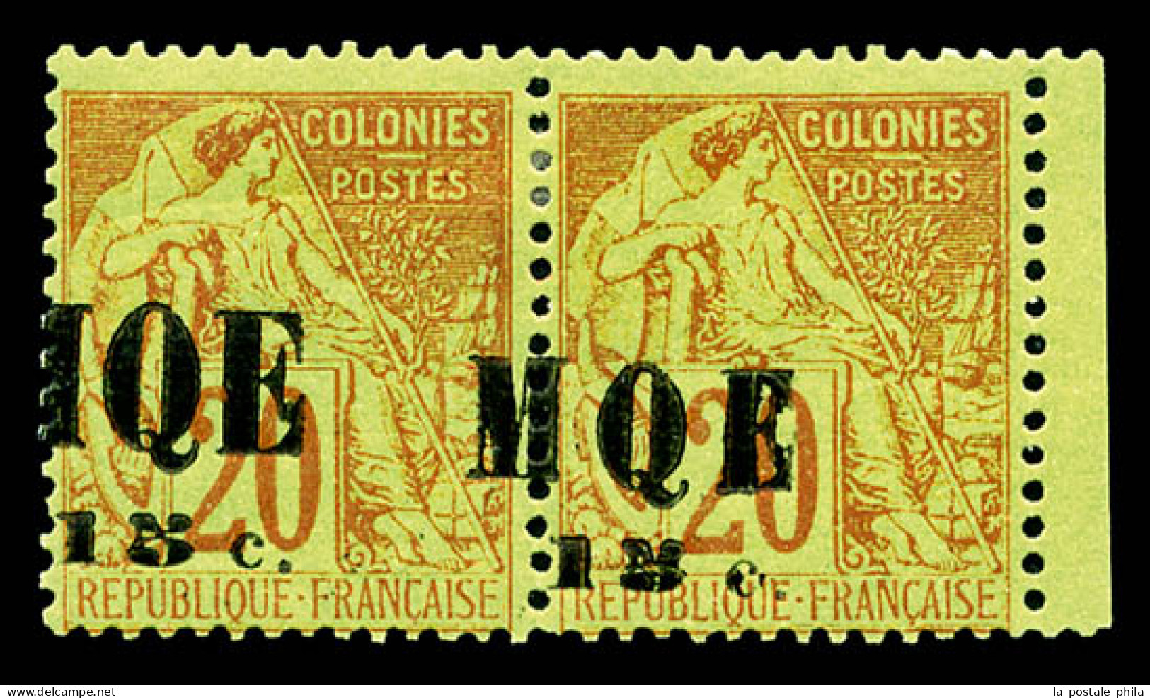 * N°2e, 15c Sur 20c Brique Sur Vert: Paire Type I Et II Se Tenant Surcharge à Cheval, R.R. SUP (signée Bernichon/certifi - Unused Stamps