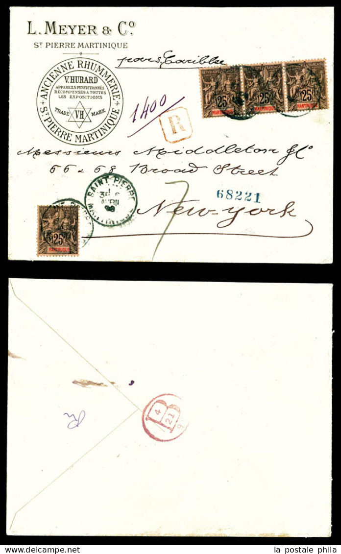 O N°38, 25c Noir Sur Rose X4 Exemplaires Obl Càd Bleu Saint Pierre/Martinique Sur Lettre Illustrée Triple Port Recommand - Storia Postale