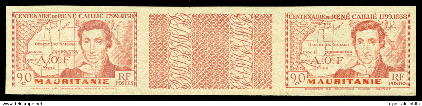 ** N°95a, 90c René Caillé, Paire Non Dentelée Avec Interpanneau Dont Variété Grande Légende, 10 Exemplaires Connus. SUPE - Unused Stamps