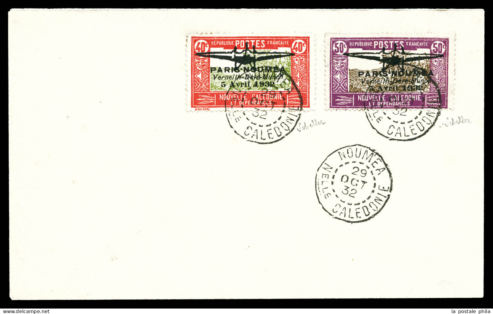 O N°1/2, 40c Rouge Et Olive Et 50c Lilas Et Sépia, Les 2 Valeurs Obl Càd De NOUMEA Le 29 Oct 1932 Sur Lettre. TTB (signé - Briefe U. Dokumente