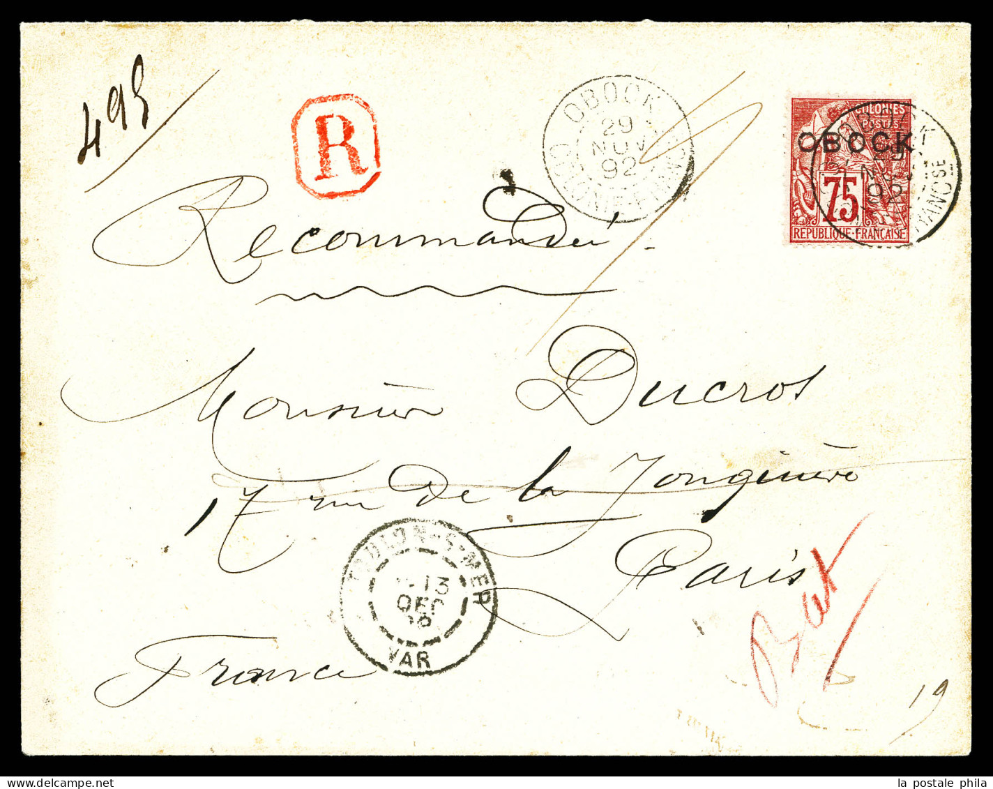 O N°19, 75c Rose Obl Càd OBOCK Sur Lettre Recommandée Du 29 Nov 1892 Pour PARIS, Transit à Toulon Sur Mer. SUP (certific - Storia Postale