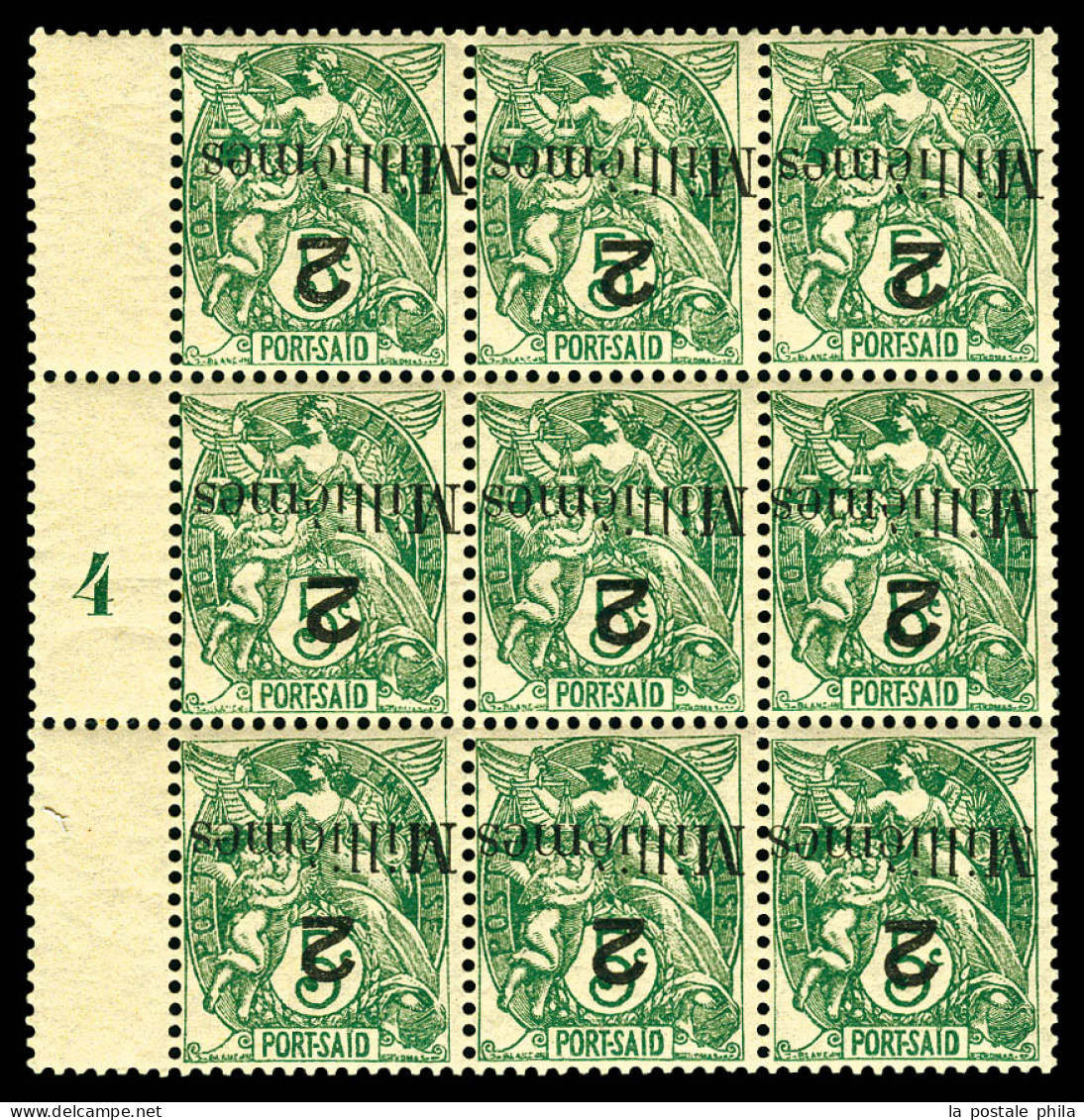 ** N°36a, 2m Sur 5c Vert-bleu: Surcharge Renversée En Bloc De Neuf Bdf Millésime '4' (froissure De Gomme Sur 1ex). TTB ( - Unused Stamps