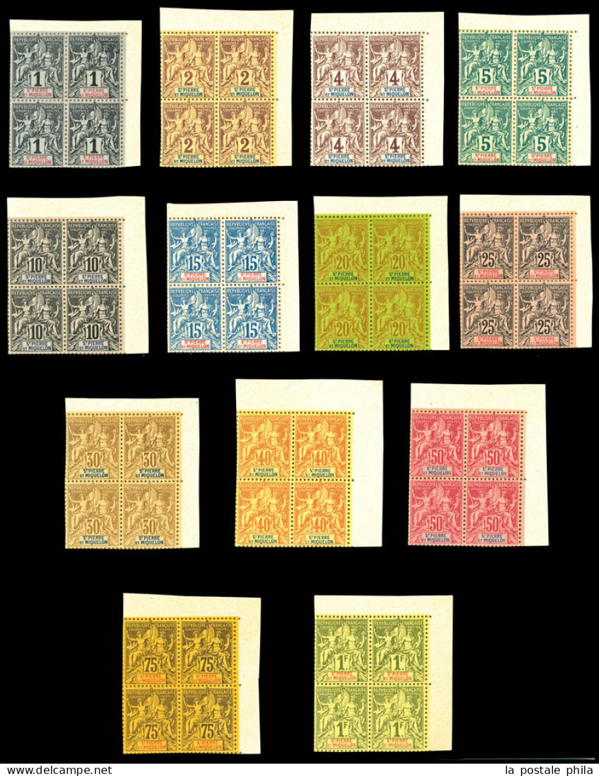 (*) N°59/71, Série De 1892, Tirage Sur Bristol Avec Dentelure Figurée En Bloc De Quatre Coin De Feuille, Les 13 Valeurs  - Unused Stamps