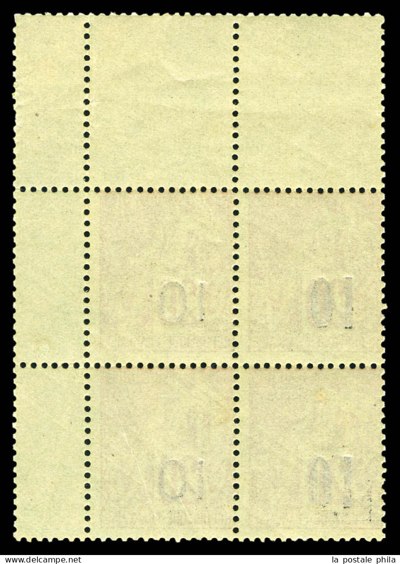 ** N°4A Et 4F, 10 Sur 20c Brique Sur Vert: 2 Paires Types II Et VII Se Tenant En Bloc De Quatre Coin De Feuille, Fraîche - Unused Stamps