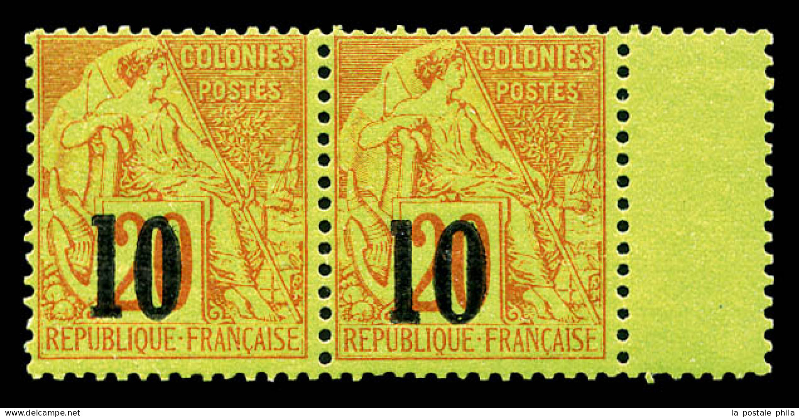 ** N°4C Et 4B, 10 Sur 20c Brique Sur Vert: Types III Et IV Se Tenant En Paire Bord De Feuille (positions 124 Et 125), Fr - Unused Stamps