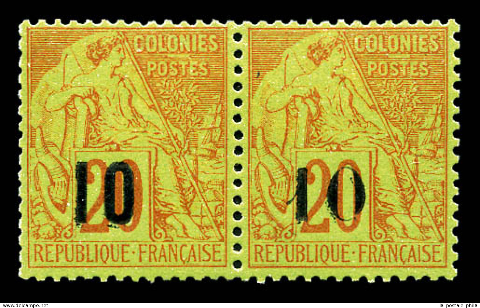 ** N°4, 10 Sur 20c Brique Sur Vert: Types V Et VI Se Tenant (n°4D Et 4E), Fraîcheur Postale. SUPERBE. R.R. (certificats) - Neufs