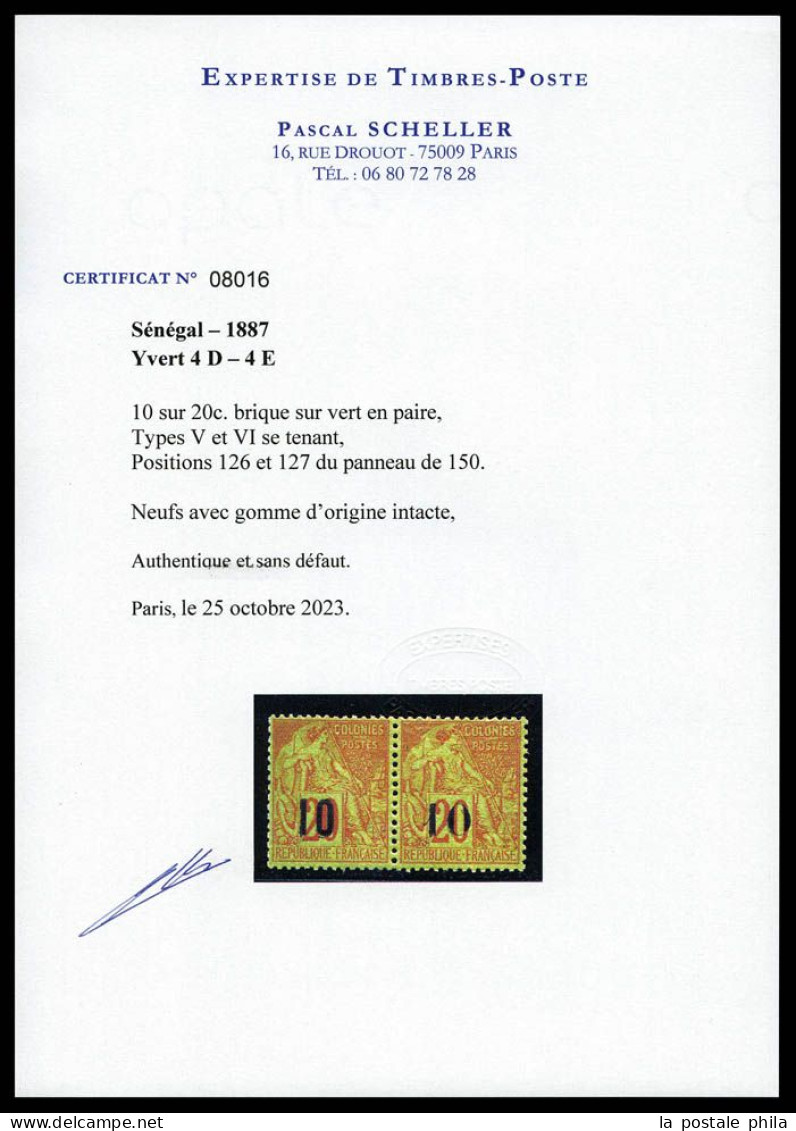 ** N°4, 10 Sur 20c Brique Sur Vert: Types V Et VI Se Tenant (n°4D Et 4E), Fraîcheur Postale. SUPERBE. R.R. (certificats) - Ongebruikt