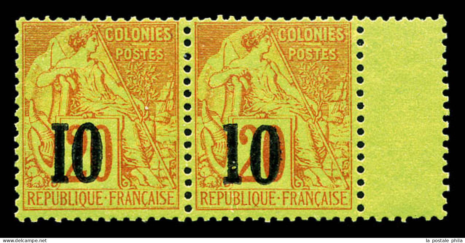 ** N°4, 10 Sur 20c Brique Sur Vert: Types IX Et IV Se Tenant (n°4H Et 4C) Bord De Feuille, Positions 134 Et 135 Du Panne - Unused Stamps