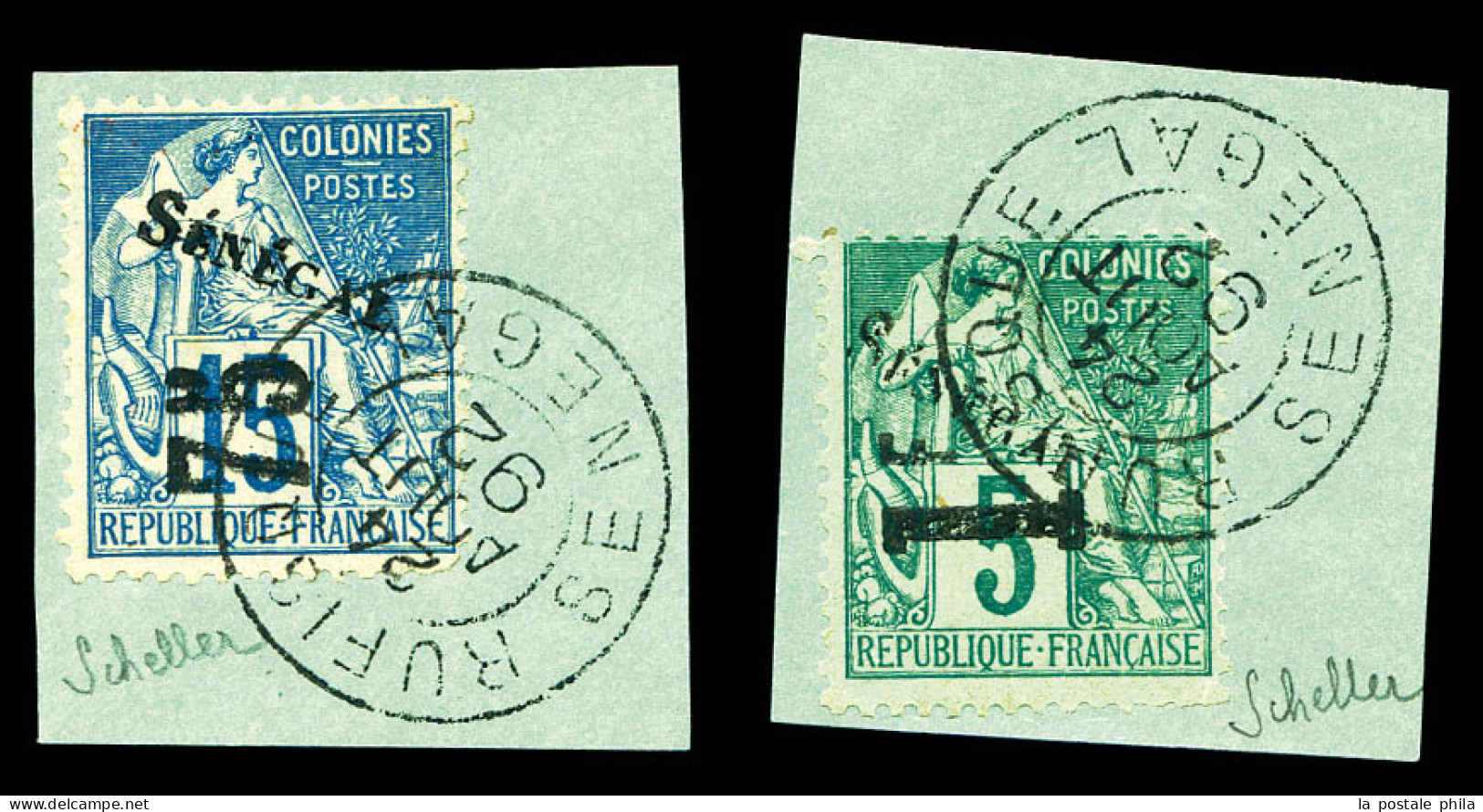O N°6/7, 75 Sur 15c Bleu Et 1f Sur 5c Vert, Les 2 Exemplaires Sur Leurs Supports. TTB (signé Scheller)  Qualité: Oblitér - Unused Stamps