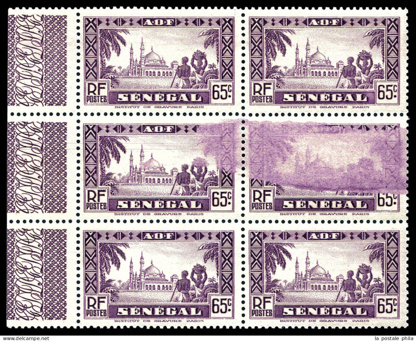 ** N°126, 65c Mosquée De Djourbel, Variété D'essuyage Sur Bloc De 6 Exemplaires Bdf. TTB  Qualité: ** - Unused Stamps