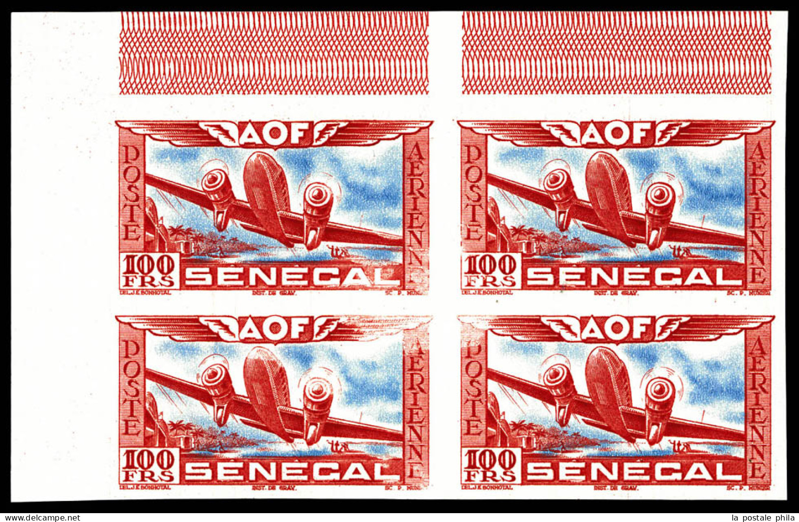 ** N°30, 100F, Essai Non Dentelé Rouge-carmin Et Outremer En Bloc De Quatre Cdf. TTB (certificat)  Qualité: ** - Airmail