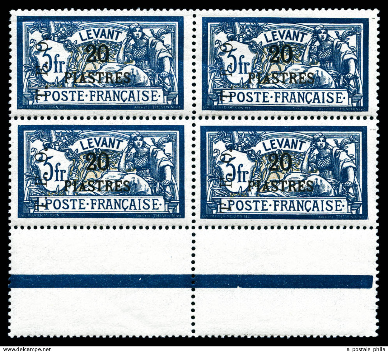 ** N°20, 20 Pi Sur 5F Bleu Et Chamois En Bloc De Quatre Bas De Feuille, Fraîcheur Postale, SUP (certificat)  Qualité: ** - Unused Stamps