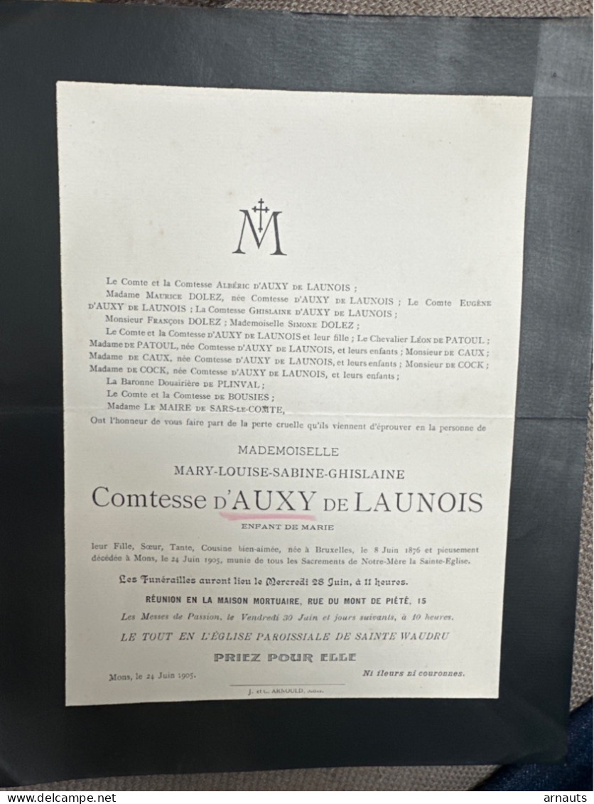 Mademoiselle Mary Comtesse D’Auxy De Launois *1876 Bruxelles +1905 Mons Dolez De Cockde Caux De Plinval De Bousies Mai - Obituary Notices