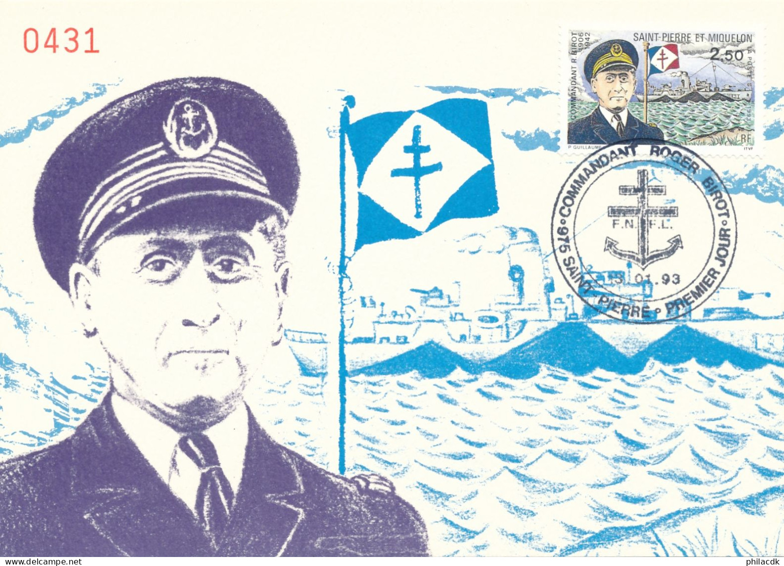 SAINT PIERRE ET MIQUELON - CARTE MAXIMUM COMMANDANT ROGER BIROT OBLITEREE AVEC CAD DU 13 JANVIER 1993 - Maximumkarten