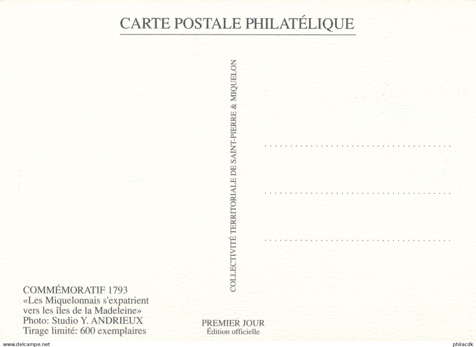 SAINT PIERRE ET MIQUELON - CARTE MAXIMUM COMMANDANT VERS LES ILES DE LA MADELEINE OBLITEREE 9 JUIN 1993 - Cartoline Maximum