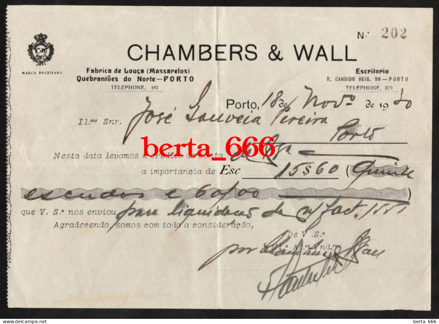 Chambers & Wall * Fábrica De Louça Massarelos * Porto * Recibo 1930 - Portogallo