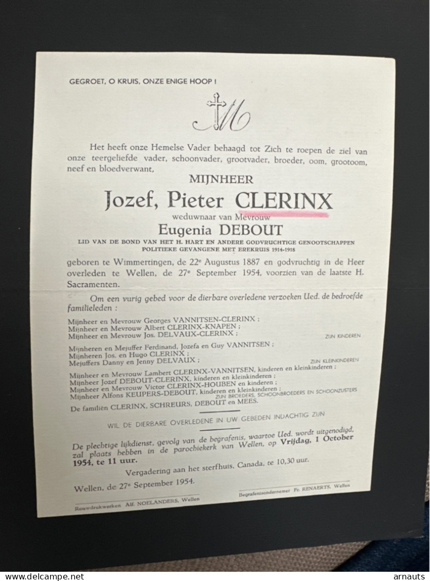 Jozef Pieter Clerinx Wed Debout Eugenia *1887 Wimmertingen +1954 Wellen Mees Schreurs Politiek Gevangene 14-18 Vannitsen - Avvisi Di Necrologio