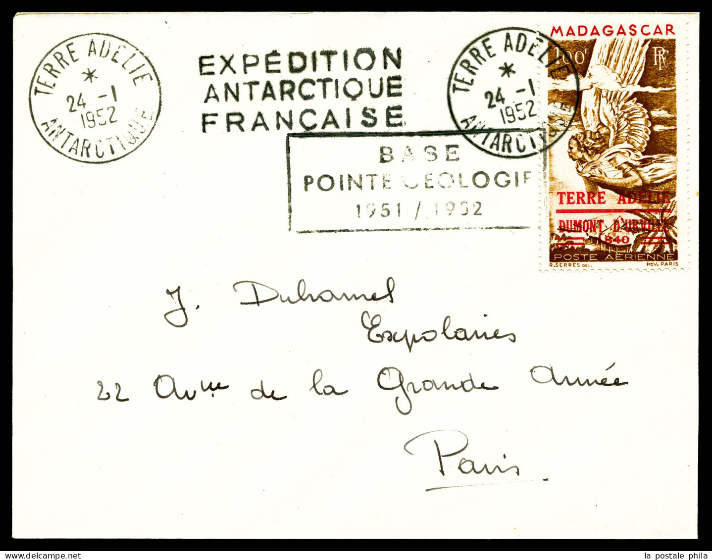 O N°1, PA 1 Sur Lettre Du 24 Janvier 1952 Avec Cachet BASE POINTE GEOLOGIE 1951-1952 à Destination De Paris, TTB (certif - Luchtpost