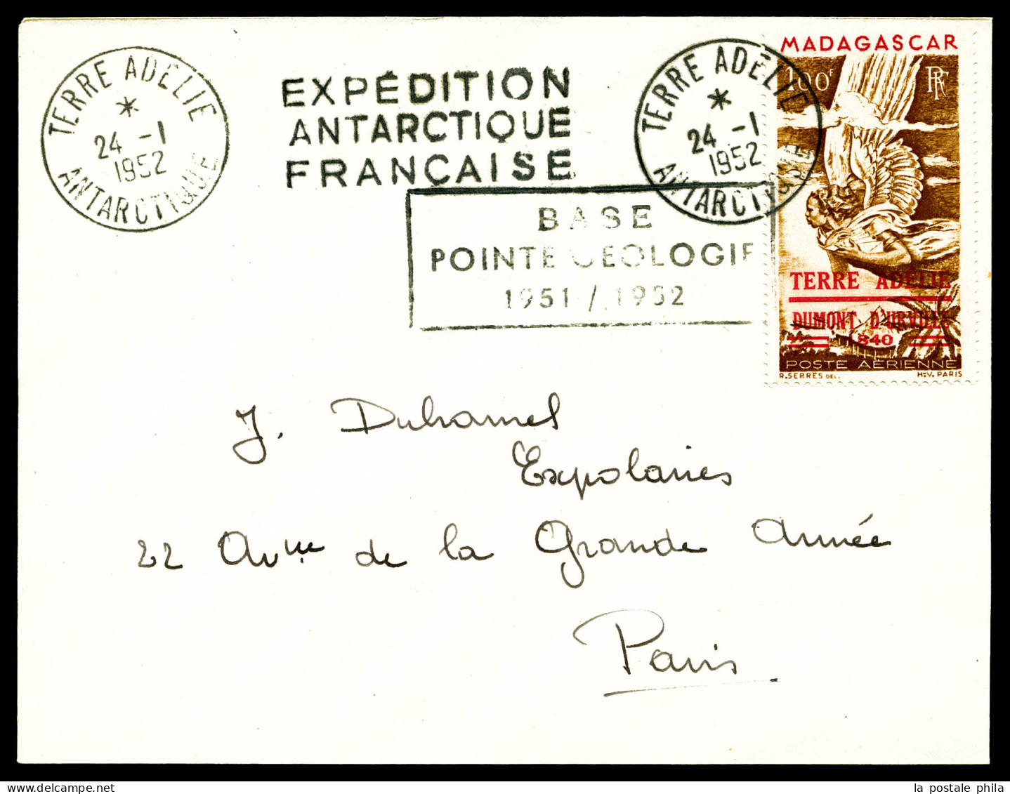 O N°1, PA 1 Sur Lettre Du 24 Janvier 1952 Avec Cachet BASE POINTE GEOLOGIE 1951-1952 à Destination De Paris, TTB (certif - Airmail